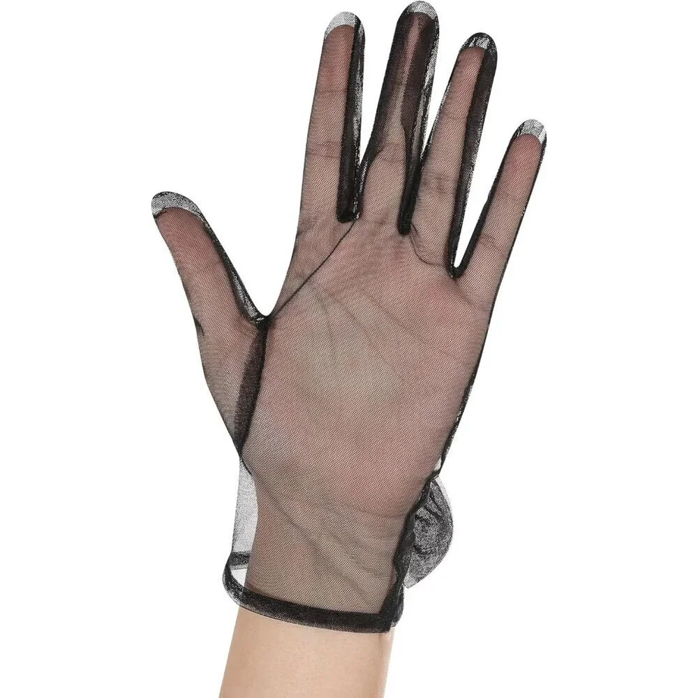 Women's Bow Pink Evening Sheer Tulle Short Length Gloves Wrist Tea Party Prom